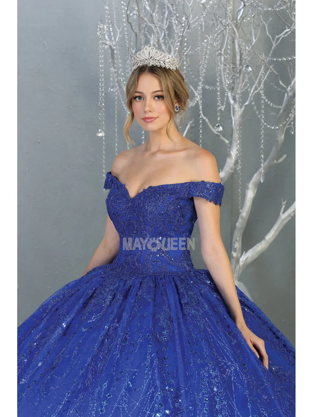 MQ LK153 - Glitter Print Off the Shoulder Quinceanera Ball Gown Embroidered Bodice & Corset Back