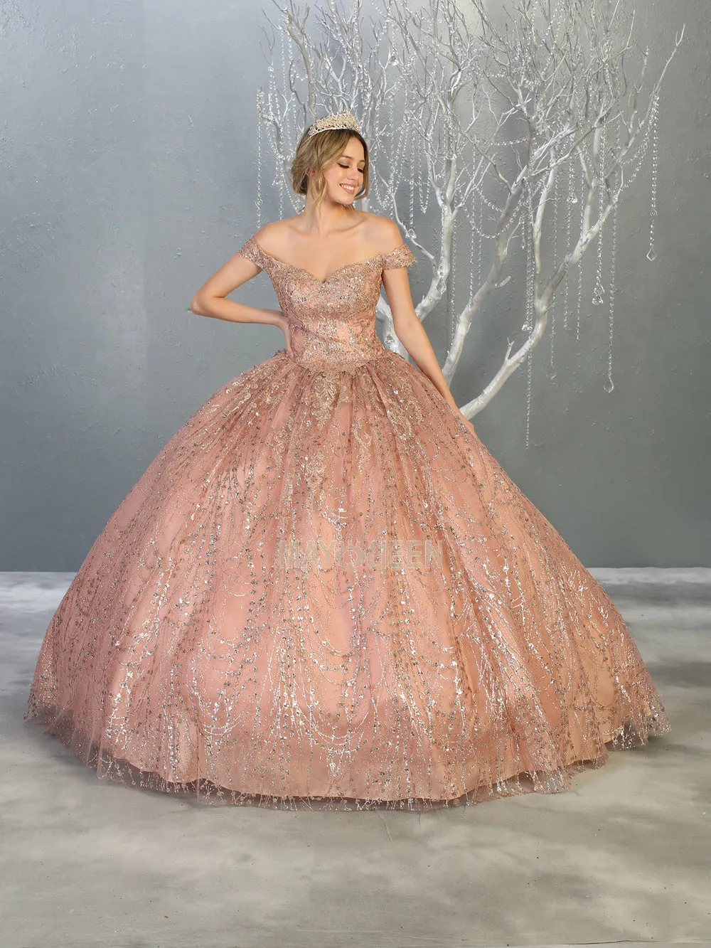 MQ LK153 - Glitter Print Off the Shoulder Quinceanera Ball Gown Embroidered Bodice & Corset Back