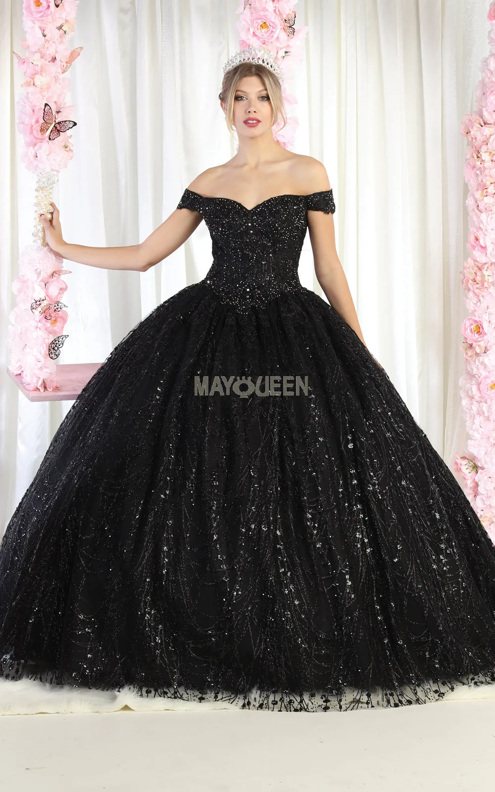 MQ LK153 - Glitter Print Off the Shoulder Quinceanera Ball Gown Embroidered Bodice & Corset Back
