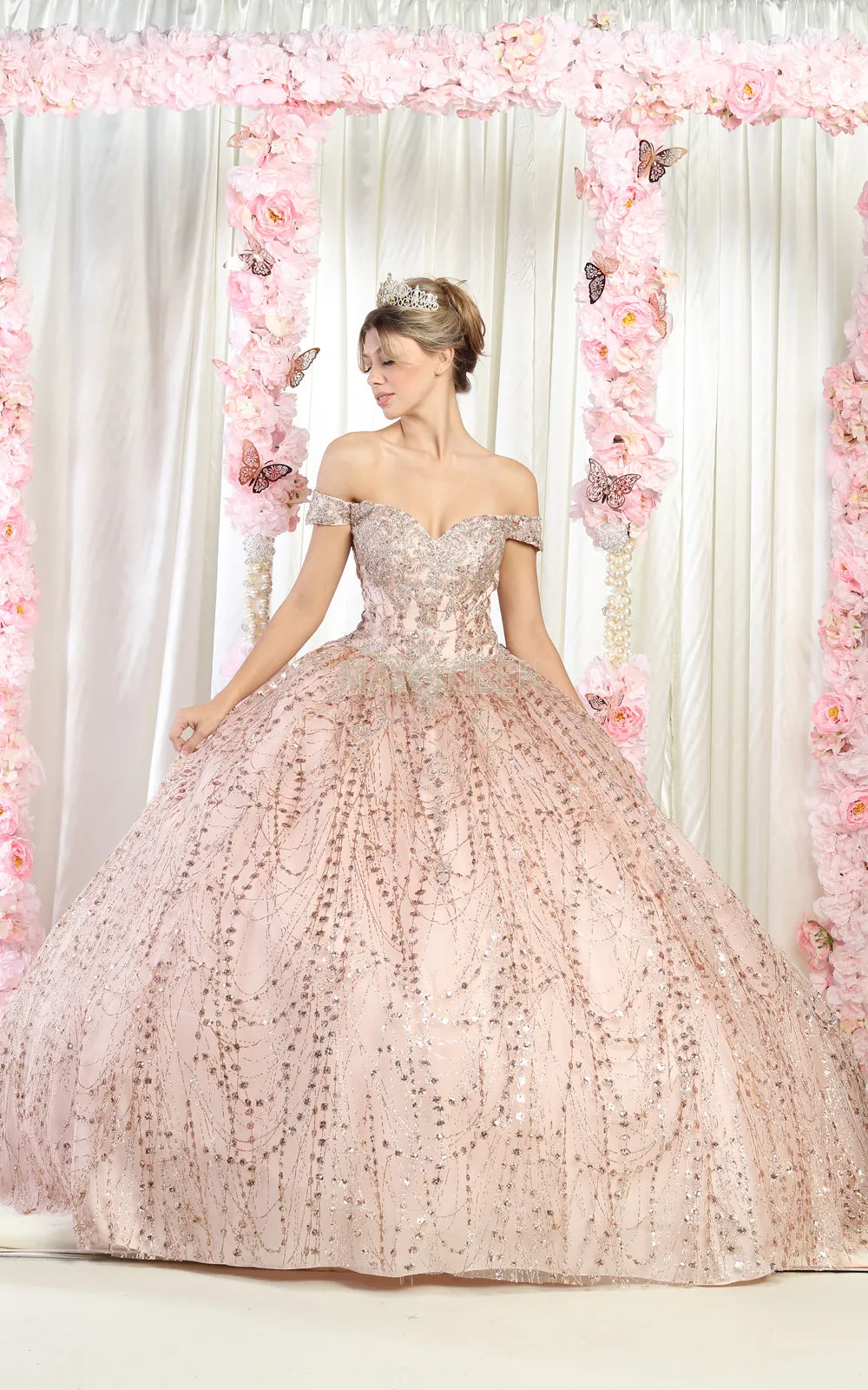 MQ LK153 - Glitter Print Off the Shoulder Quinceanera Ball Gown Embroidered Bodice & Corset Back
