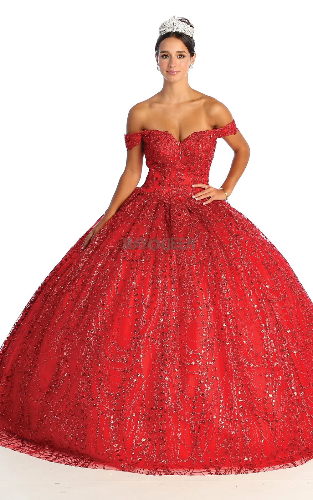MQ LK153 - Glitter Print Off the Shoulder Quinceanera Ball Gown Embroidered Bodice & Corset Back