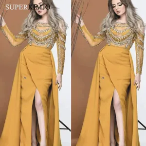 mustard mermaid evening dresses 2020 detachable skirt beaded long sleeve evening gown
