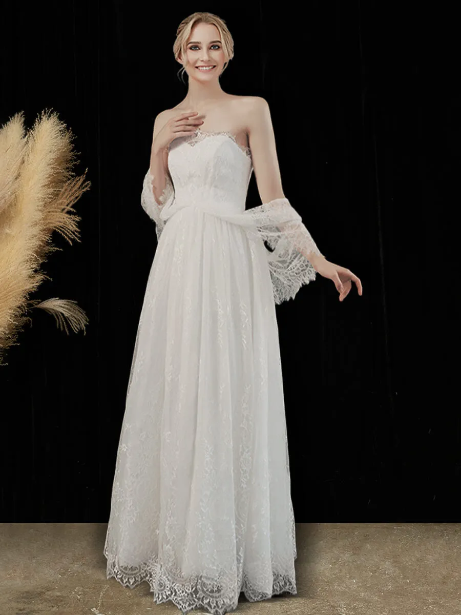 Muti-way Strapless A-Line Maxi Lace Wedding Dress with Ribbons