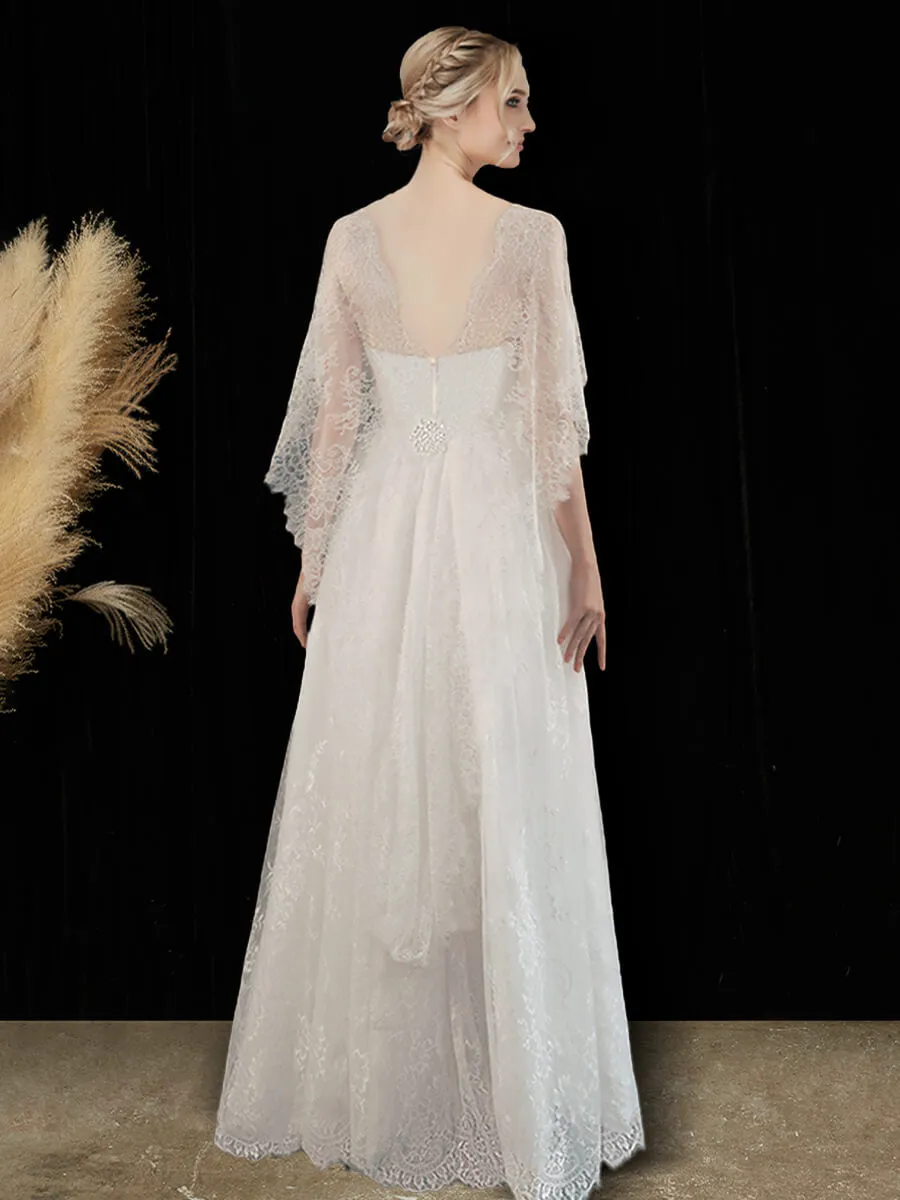 Muti-way Strapless A-Line Maxi Lace Wedding Dress with Ribbons