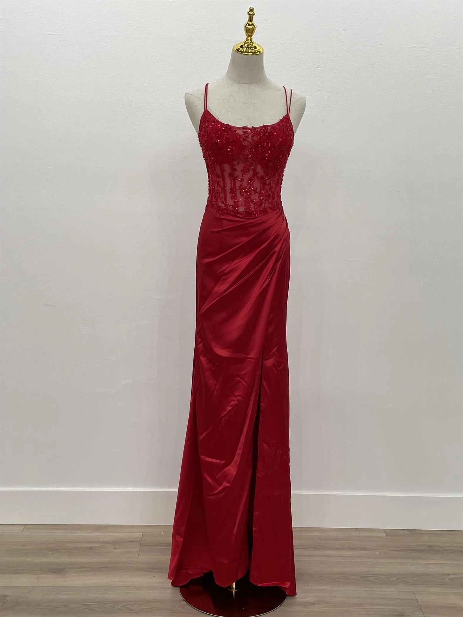 N A1372 - Stretch Satin Fit & Flare Prom Gown With Sheer Beaded Lace Embellished Bodice Lace Up Open Back & Leg Slit