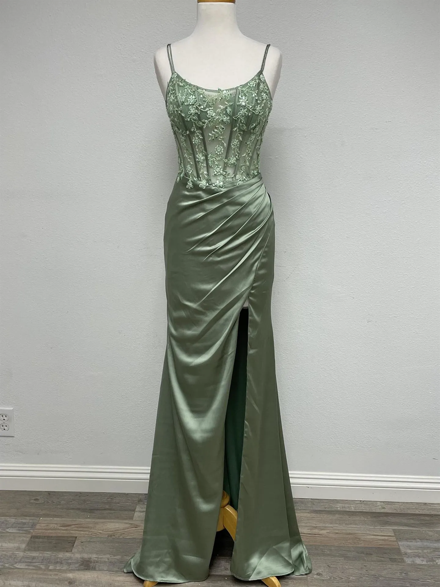 N A1372 - Stretch Satin Fit & Flare Prom Gown With Sheer Beaded Lace Embellished Bodice Lace Up Open Back & Leg Slit