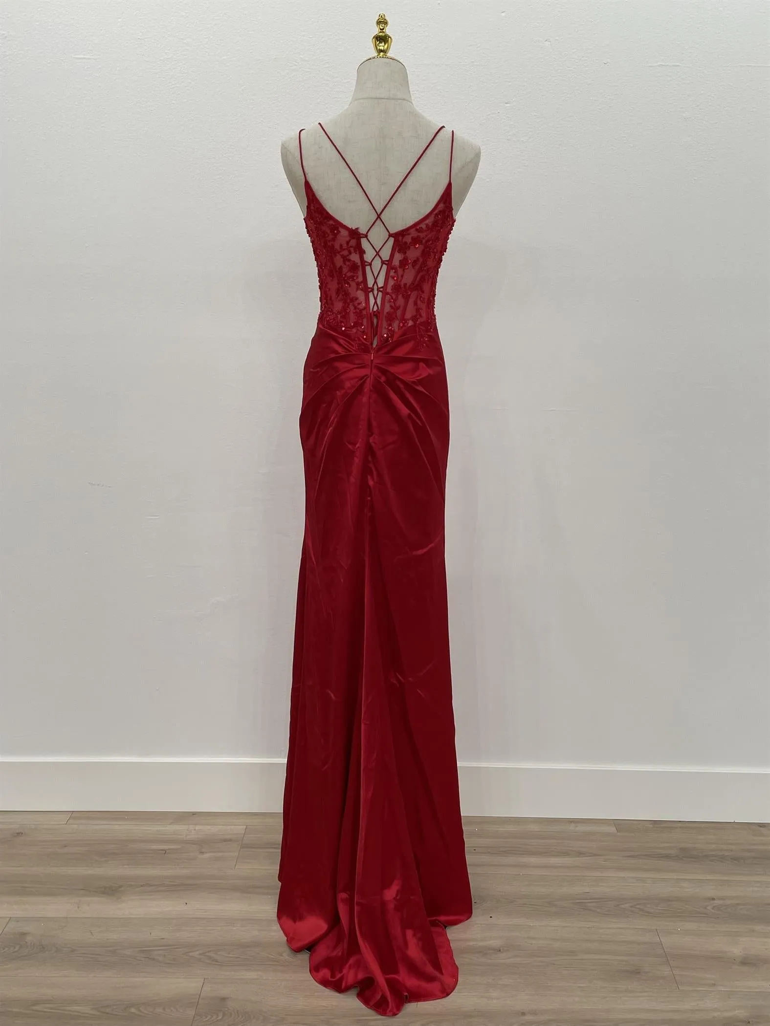 N A1372 - Stretch Satin Fit & Flare Prom Gown With Sheer Beaded Lace Embellished Bodice Lace Up Open Back & Leg Slit