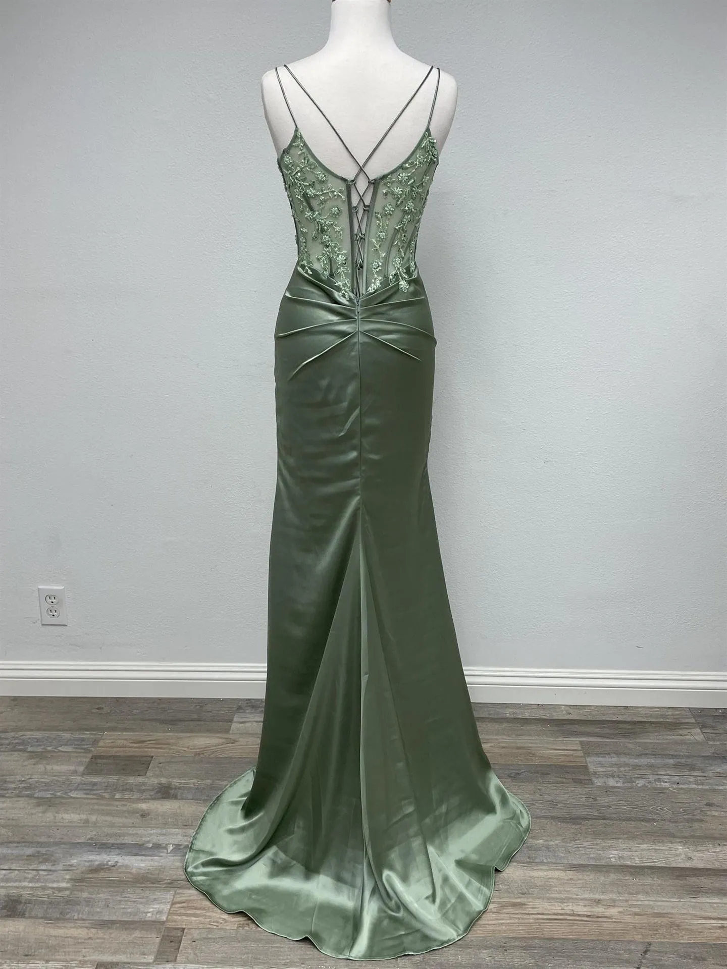 N A1372 - Stretch Satin Fit & Flare Prom Gown With Sheer Beaded Lace Embellished Bodice Lace Up Open Back & Leg Slit