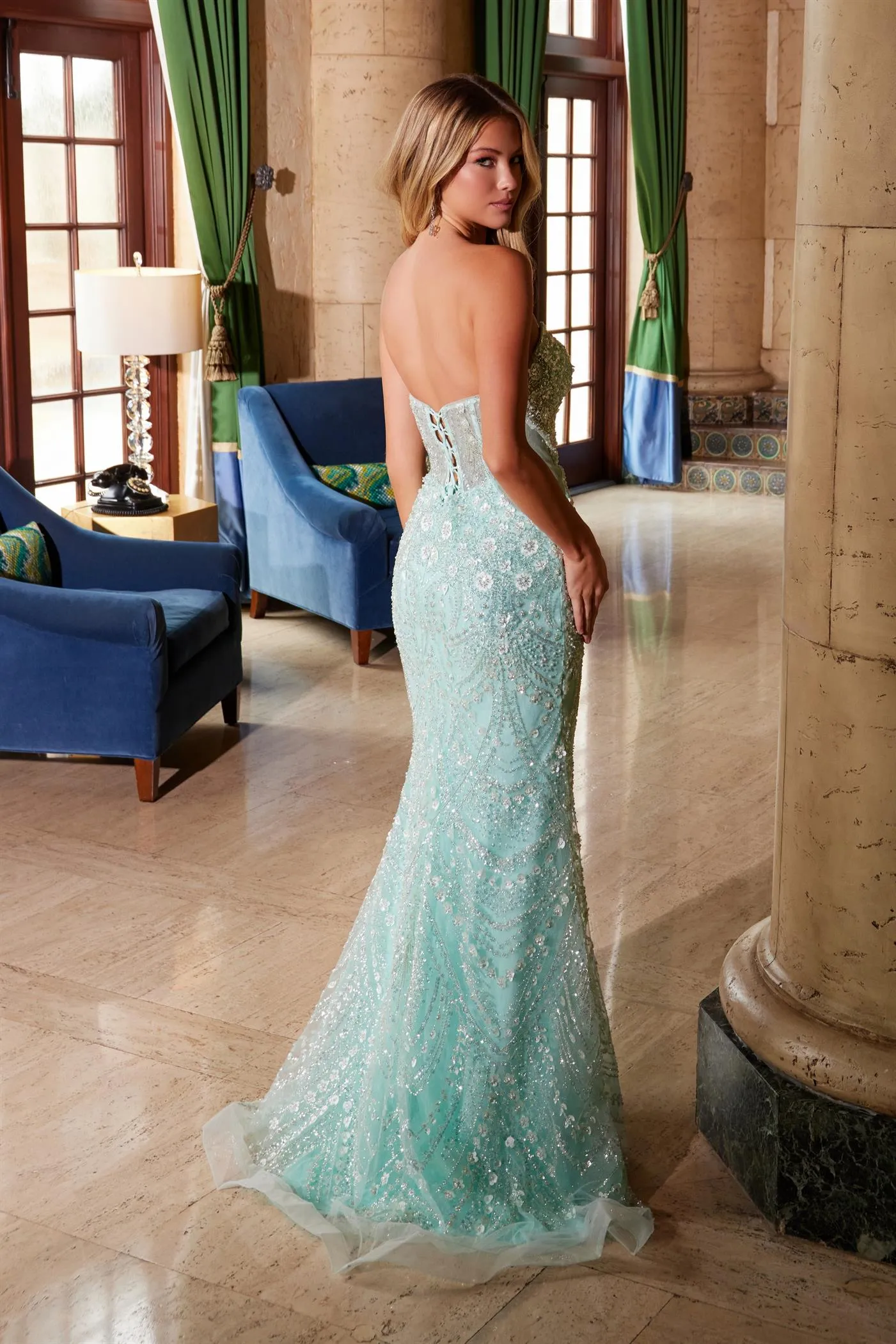 N C1599 - Bead & Pearl Embellished Fit & Flare Prom Gown with Plunging V-Neck & Open Lace Up Back