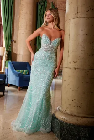 N C1599 - Bead & Pearl Embellished Fit & Flare Prom Gown with Plunging V-Neck & Open Lace Up Back