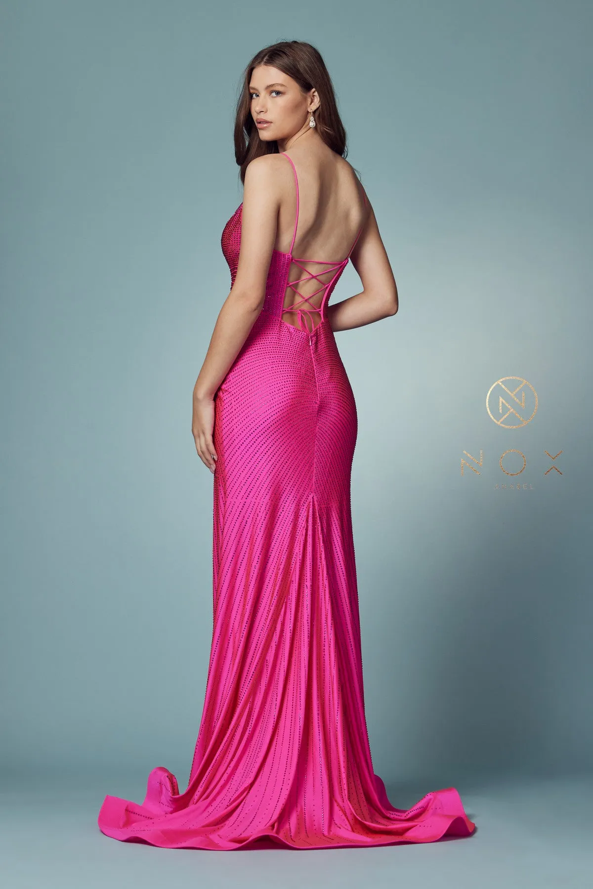 N E1038 - Rhinestone Embellished Fit & Flare Prom Gown with Corset Back & Leg Slit