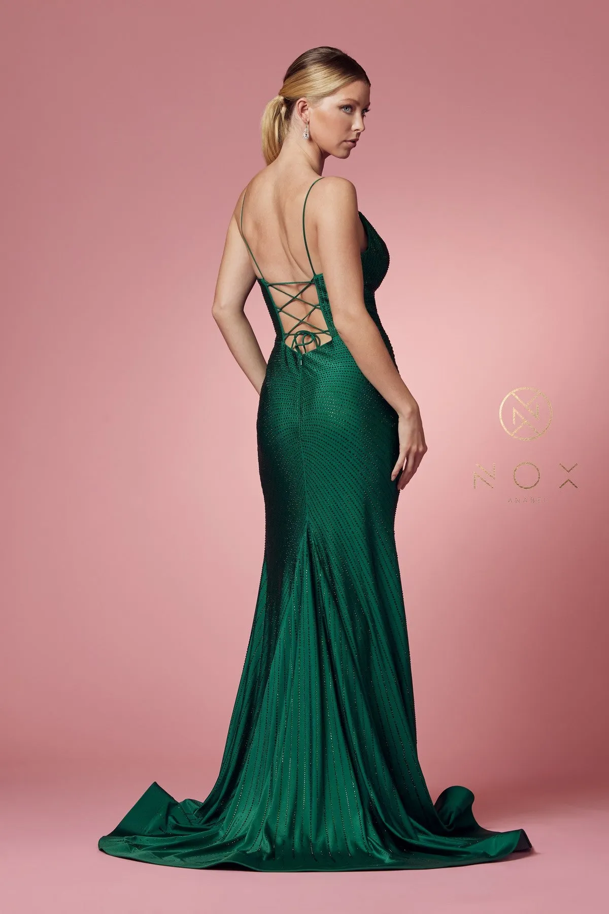 N E1038 - Rhinestone Embellished Fit & Flare Prom Gown with Corset Back & Leg Slit
