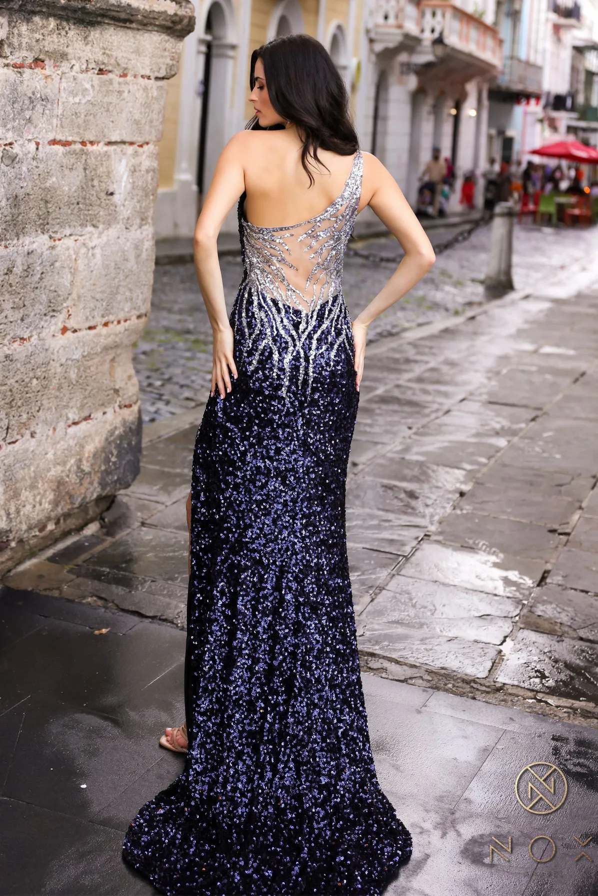 N E1280 - One Shoulder Full Sequin Fit & Flare Prom Gown with Silver Sequin Detail Sheer Back & Leg Slit