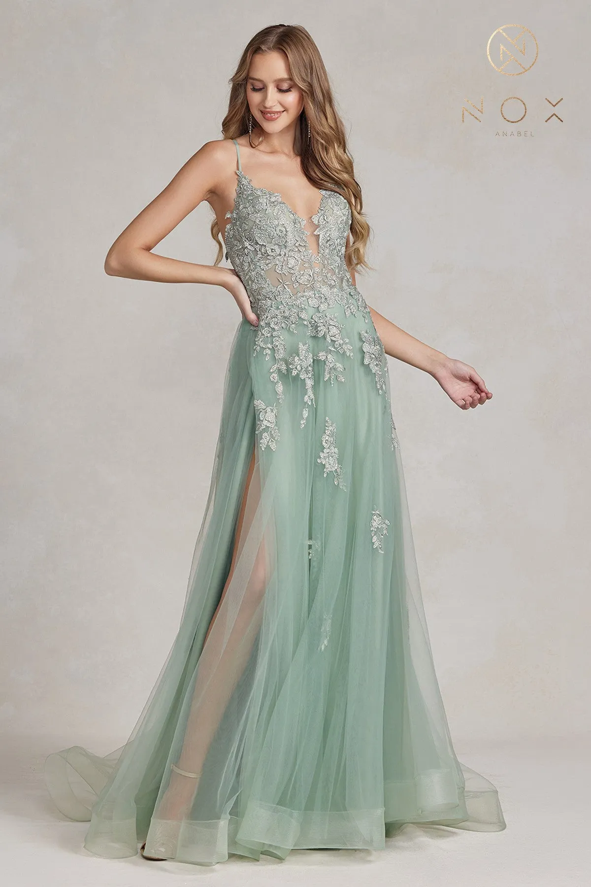 N G1149 - A-Line Plunging Neckline Lace Up Back Prom Gown with Floral Applique & Leg Slit