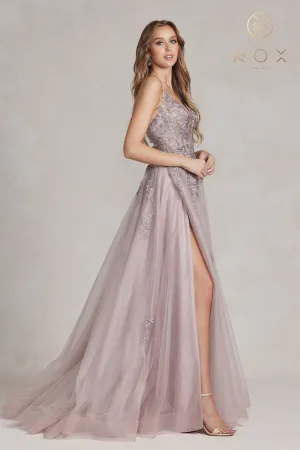 N G1149 - A-Line Plunging Neckline Lace Up Back Prom Gown with Floral Applique & Leg Slit