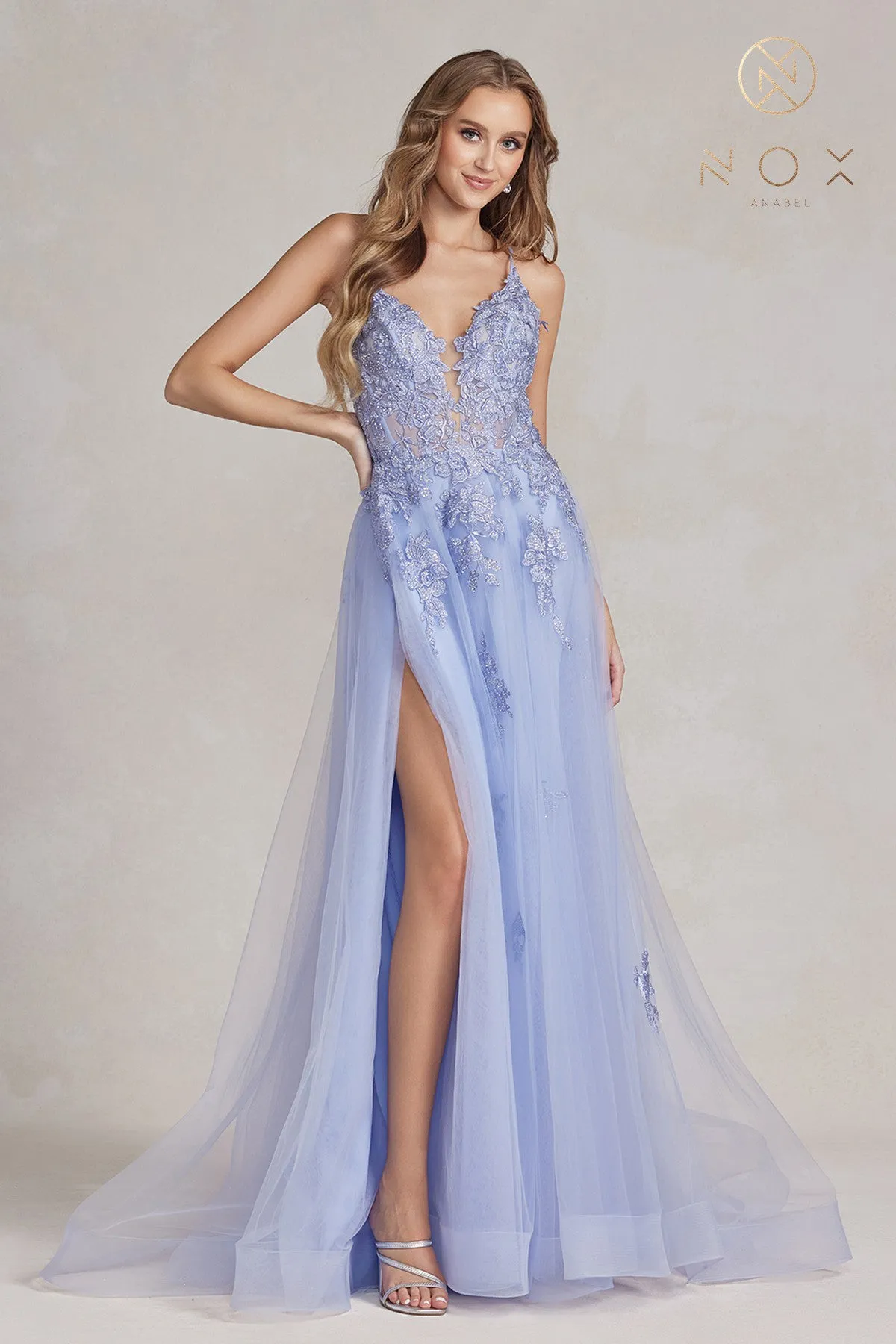 N G1149 - A-Line Plunging Neckline Lace Up Back Prom Gown with Floral Applique & Leg Slit