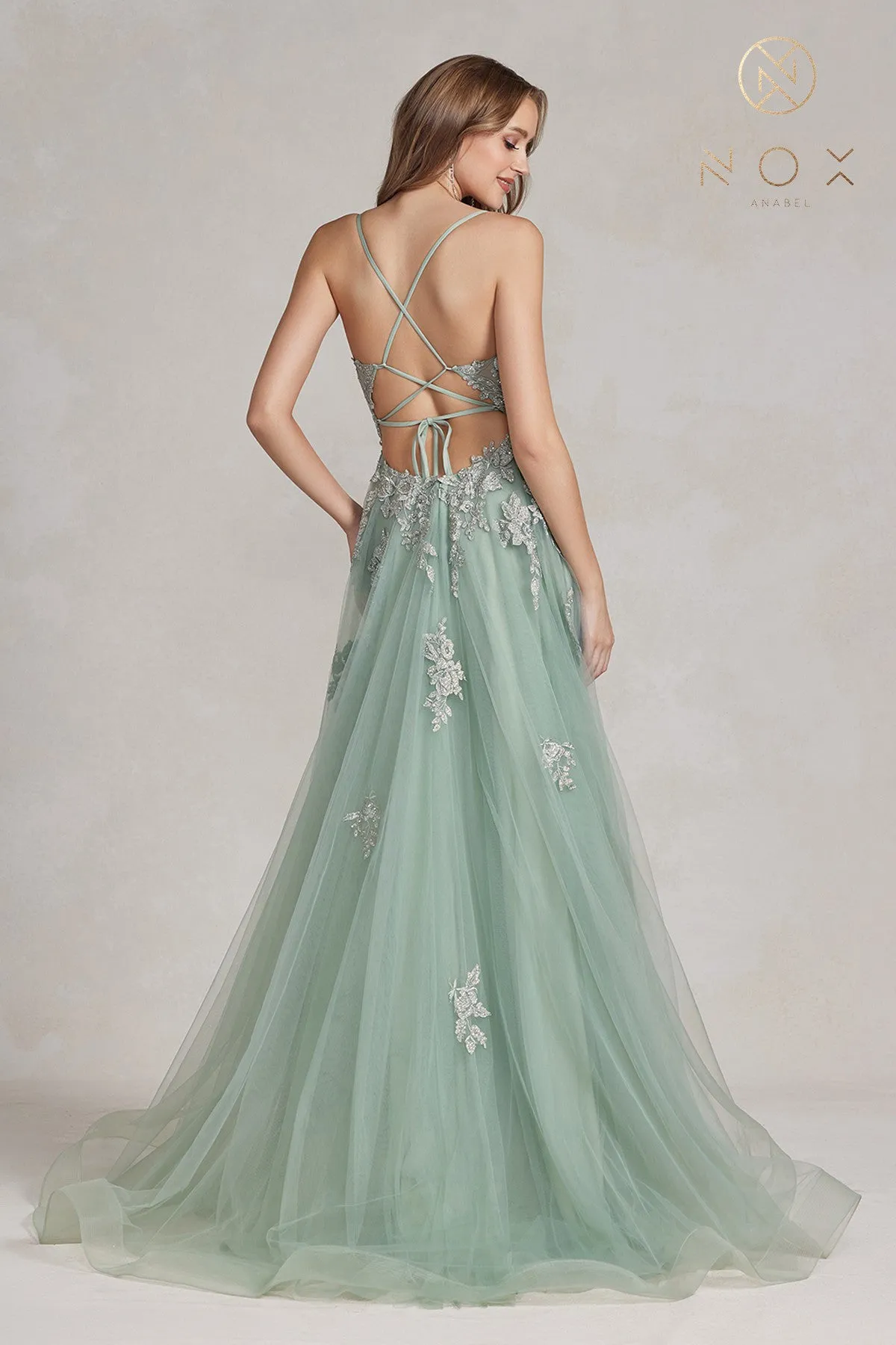 N G1149 - A-Line Plunging Neckline Lace Up Back Prom Gown with Floral Applique & Leg Slit