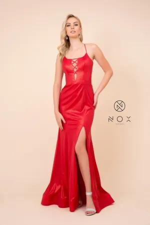 N M413 - Metallic Fit & Flare Prom Gown with Mock Lace Up Bodice Lace Up Corset Back & Leg Slit