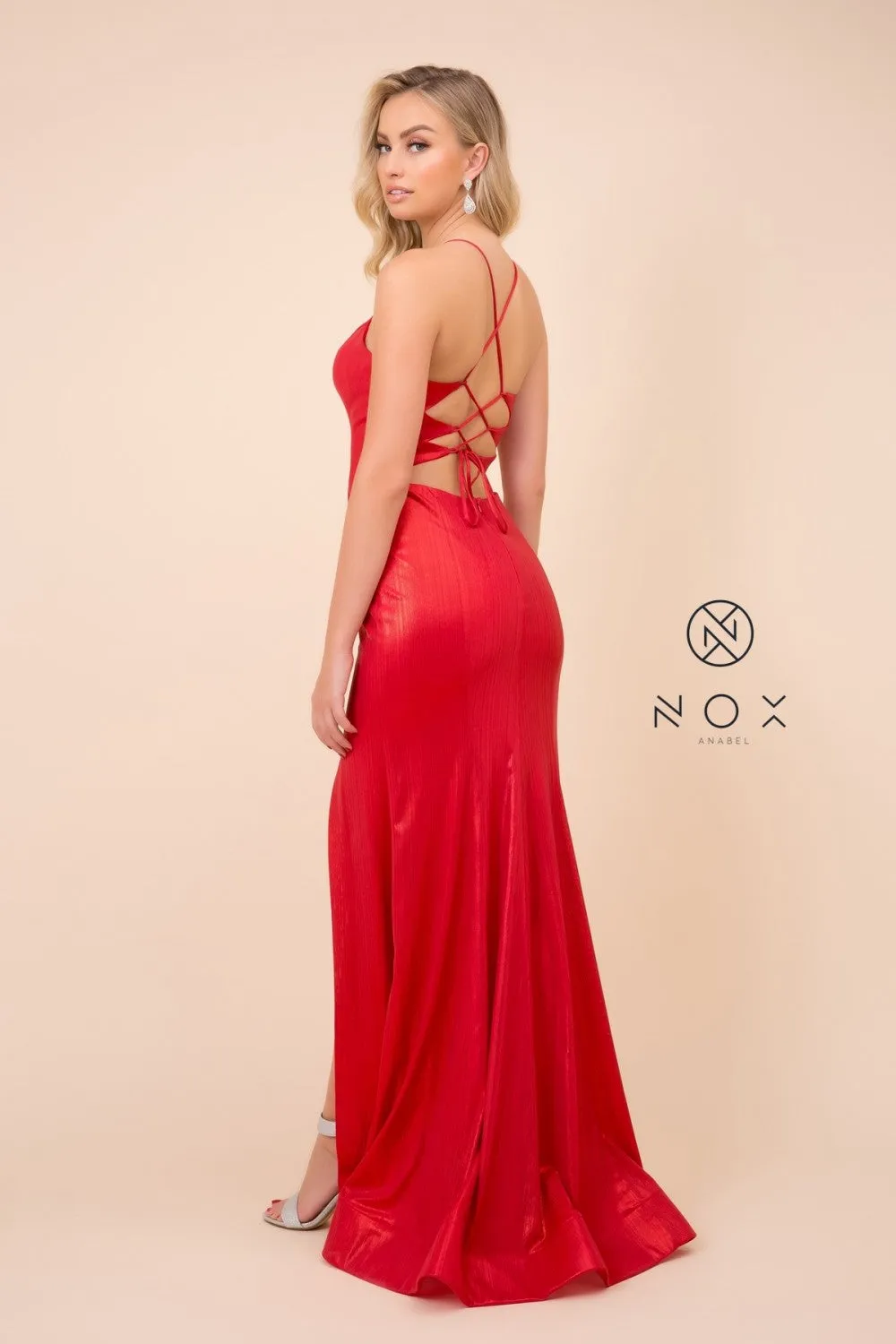 N M413 - Metallic Fit & Flare Prom Gown with Mock Lace Up Bodice Lace Up Corset Back & Leg Slit