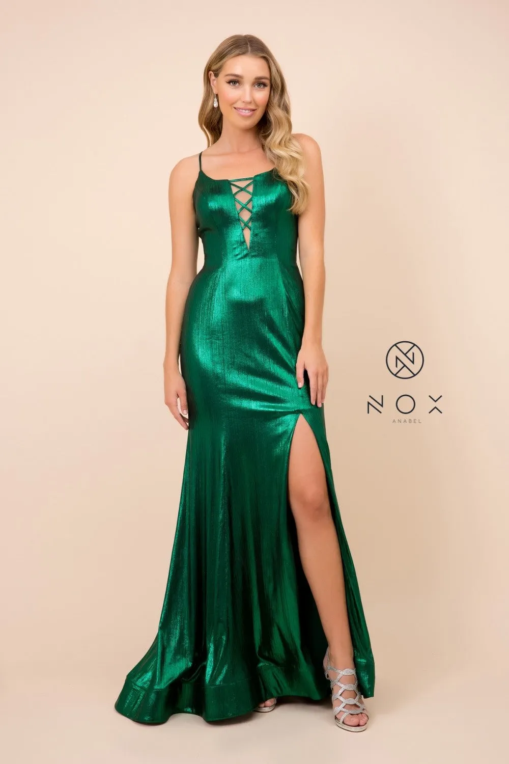N M413 - Metallic Fit & Flare Prom Gown with Mock Lace Up Bodice Lace Up Corset Back & Leg Slit