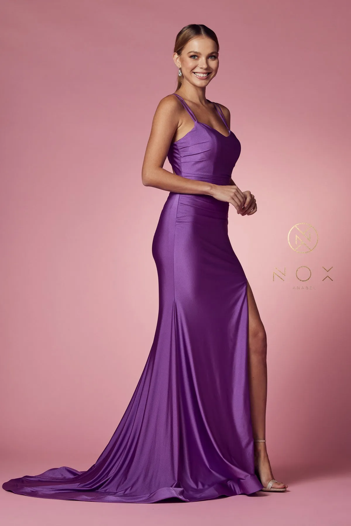 N T481 - Scoop Neck Fit & Flare Prom Gown High Leg Slit & Strappy Open Corset Back