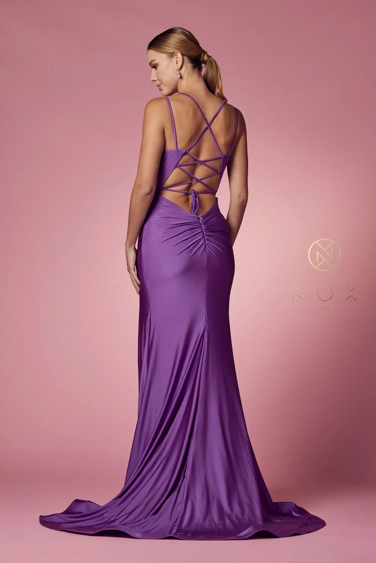 N T481 - Scoop Neck Fit & Flare Prom Gown High Leg Slit & Strappy Open Corset Back