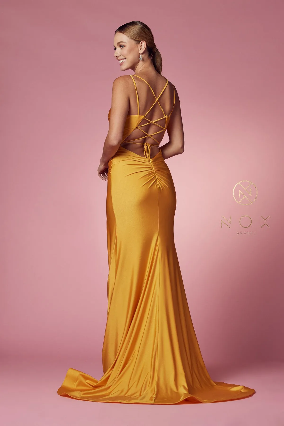 N T481 - Scoop Neck Fit & Flare Prom Gown High Leg Slit & Strappy Open Corset Back