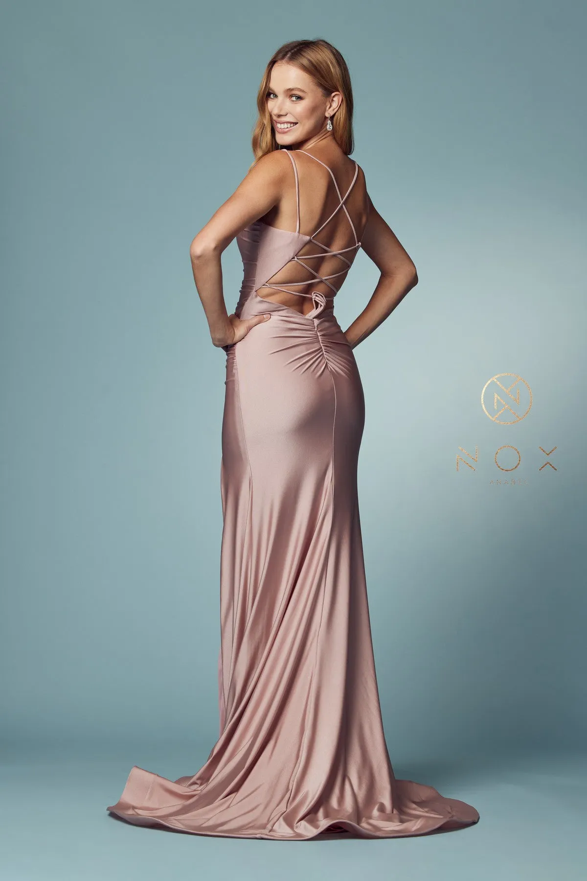 N T481 - Scoop Neck Fit & Flare Prom Gown High Leg Slit & Strappy Open Corset Back