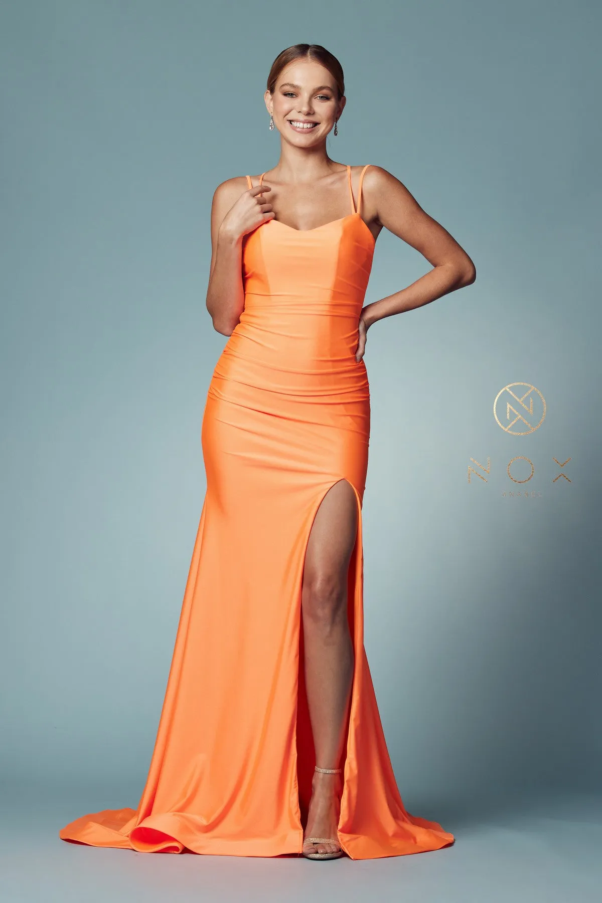N T481 - Scoop Neck Fit & Flare Prom Gown High Leg Slit & Strappy Open Corset Back