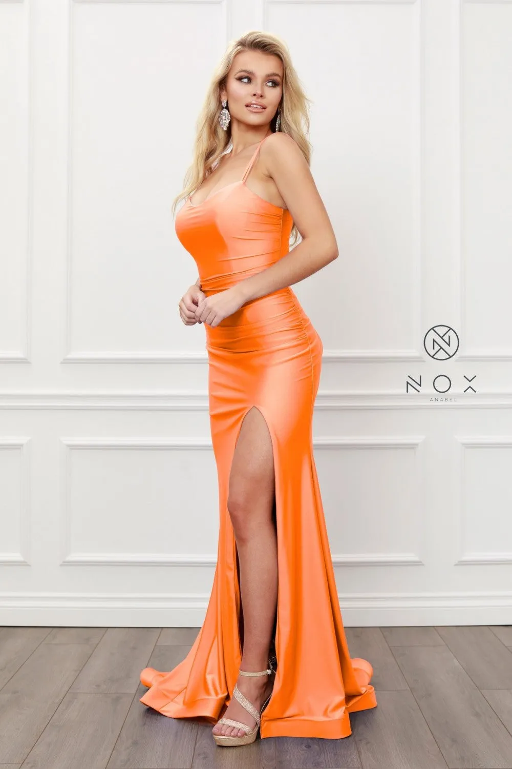 N T481 - Scoop Neck Fit & Flare Prom Gown High Leg Slit & Strappy Open Corset Back