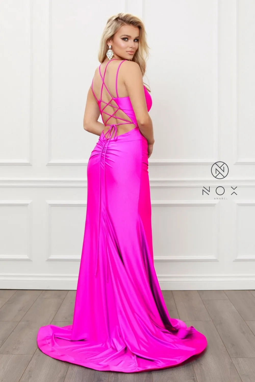N T481 - Scoop Neck Fit & Flare Prom Gown High Leg Slit & Strappy Open Corset Back