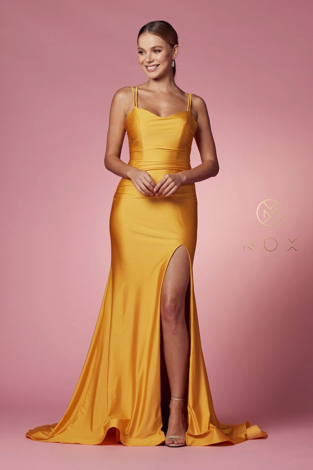 N T481 - Scoop Neck Fit & Flare Prom Gown High Leg Slit & Strappy Open Corset Back