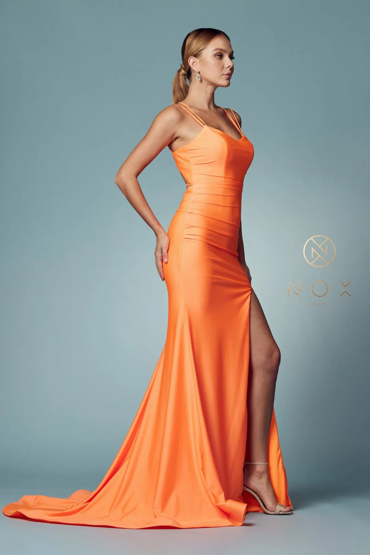 N T481 - Scoop Neck Fit & Flare Prom Gown High Leg Slit & Strappy Open Corset Back