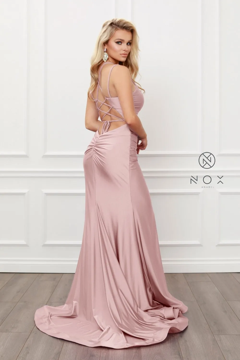 N T481 - Scoop Neck Fit & Flare Prom Gown High Leg Slit & Strappy Open Corset Back