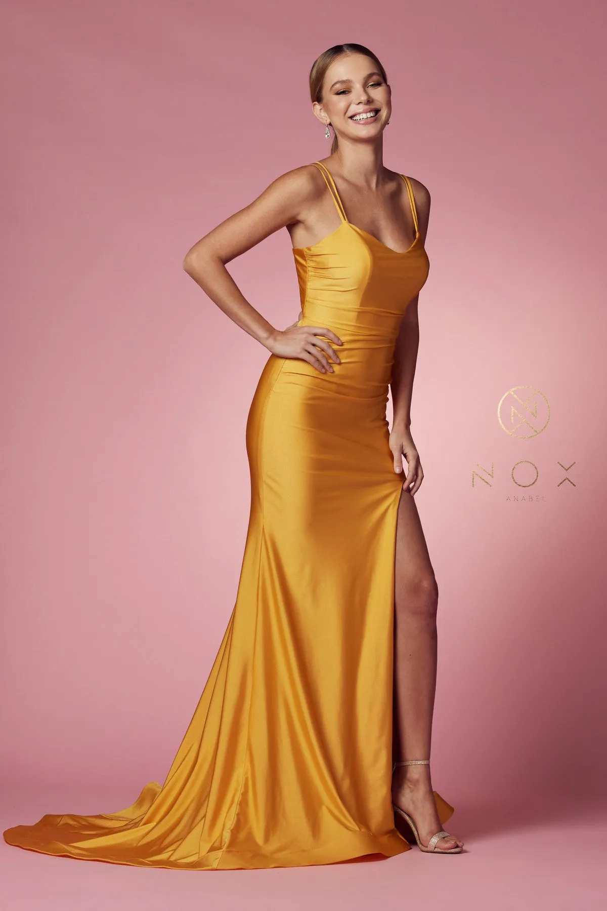 N T481 - Scoop Neck Fit & Flare Prom Gown High Leg Slit & Strappy Open Corset Back