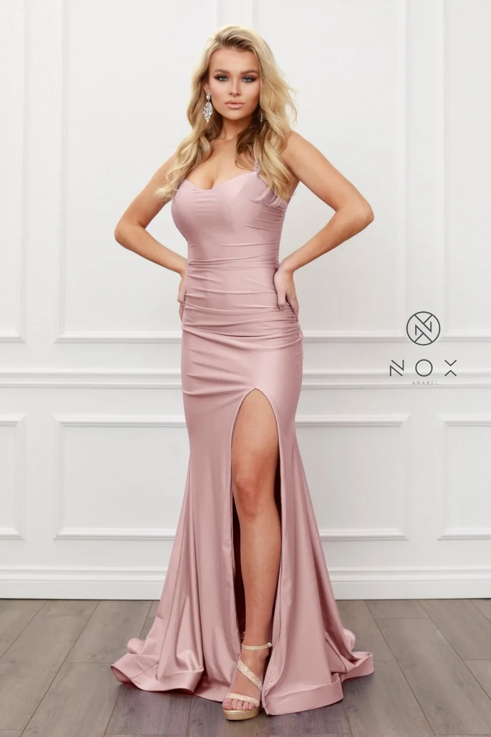 N T481 - Scoop Neck Fit & Flare Prom Gown High Leg Slit & Strappy Open Corset Back