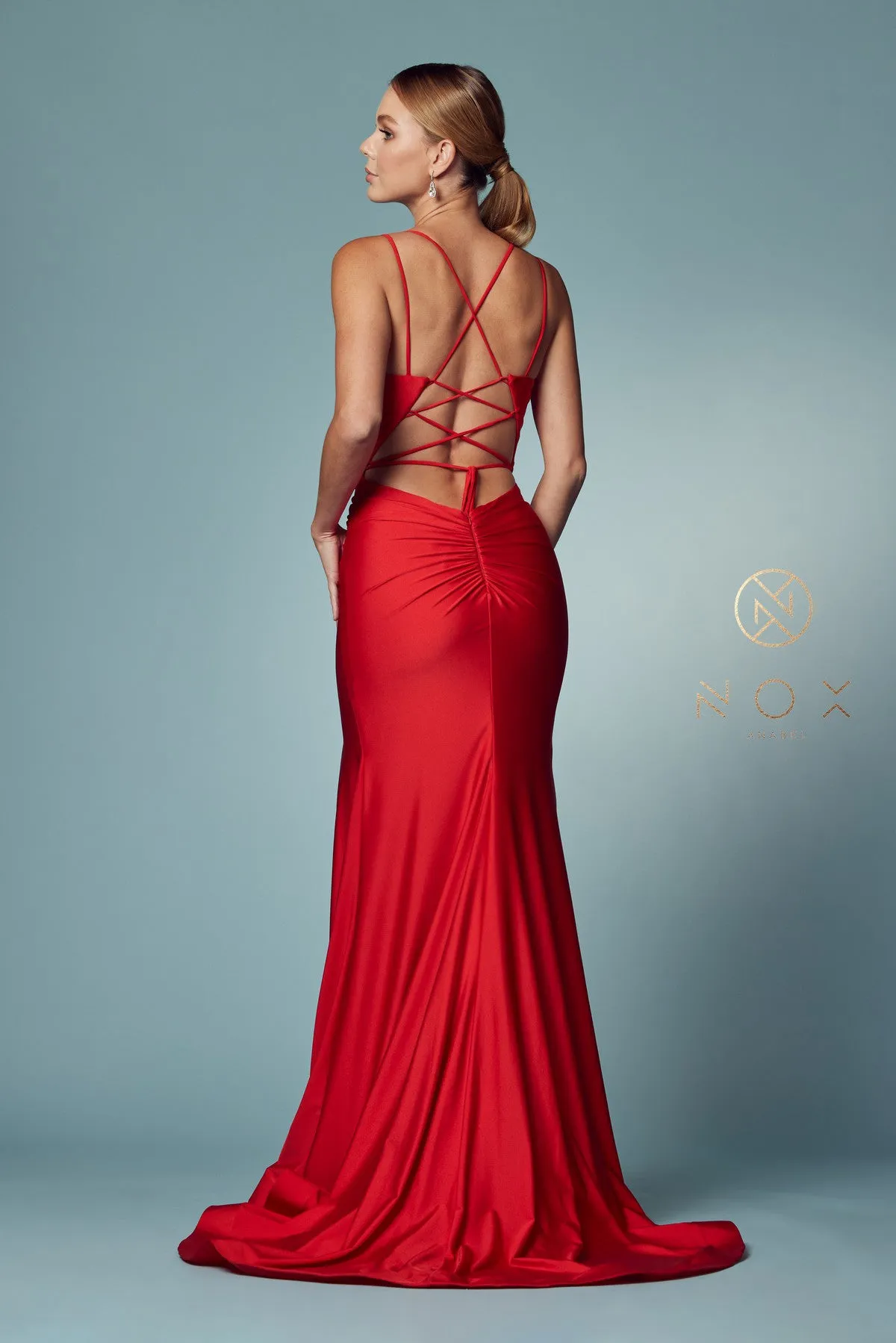 N T481 - Scoop Neck Fit & Flare Prom Gown High Leg Slit & Strappy Open Corset Back