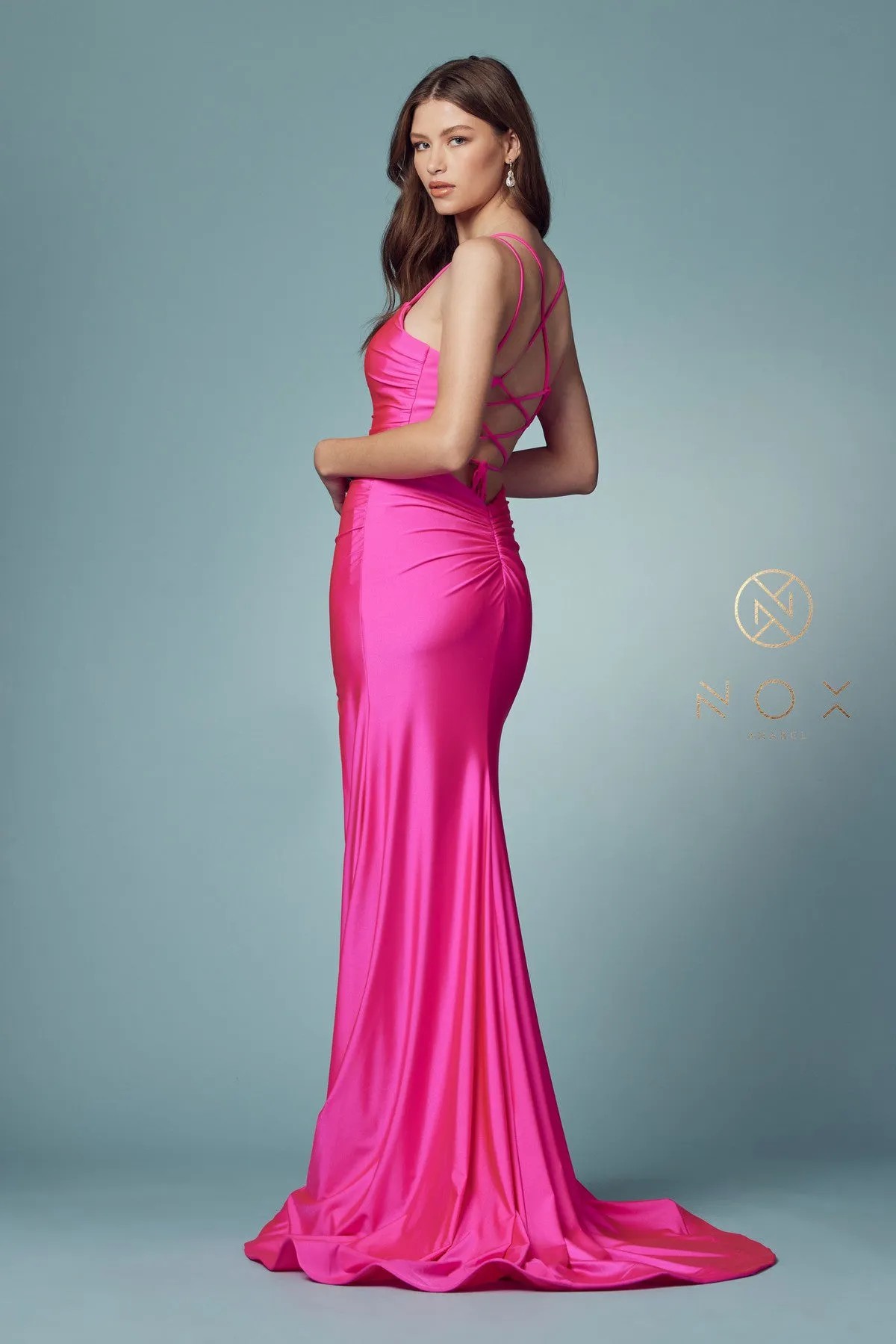 N T481 - Scoop Neck Fit & Flare Prom Gown High Leg Slit & Strappy Open Corset Back