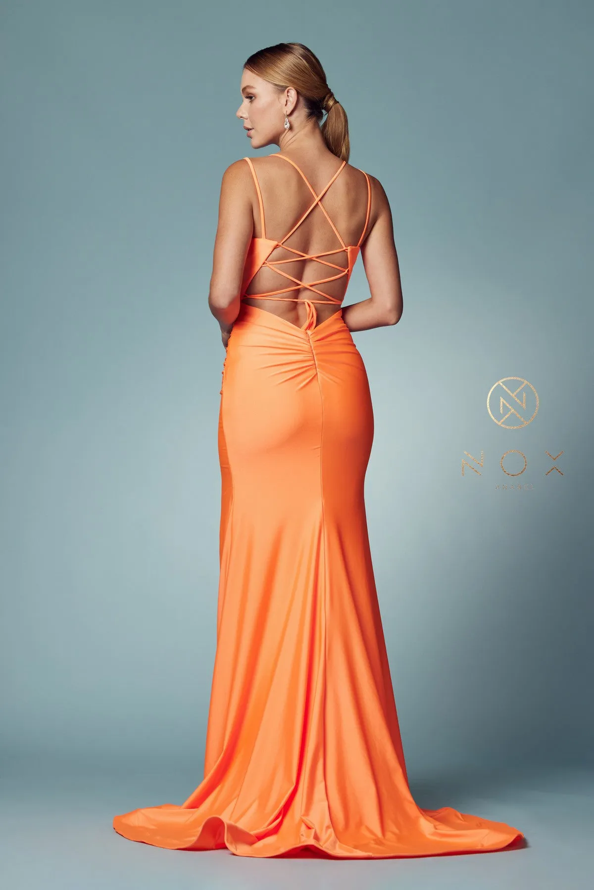 N T481 - Scoop Neck Fit & Flare Prom Gown High Leg Slit & Strappy Open Corset Back