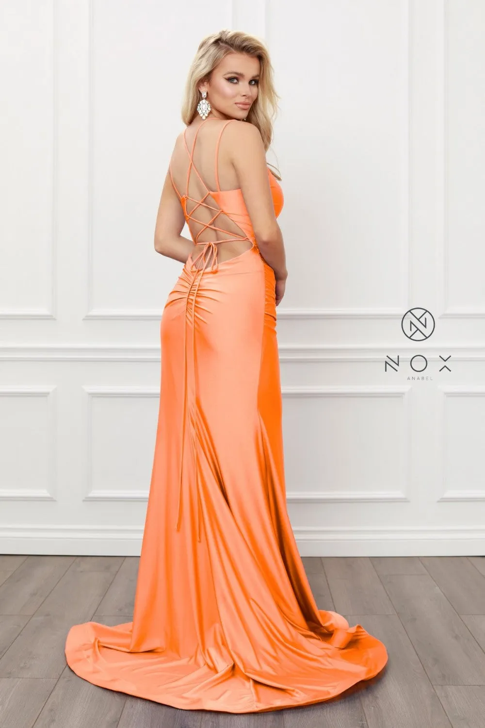 N T481 - Scoop Neck Fit & Flare Prom Gown High Leg Slit & Strappy Open Corset Back