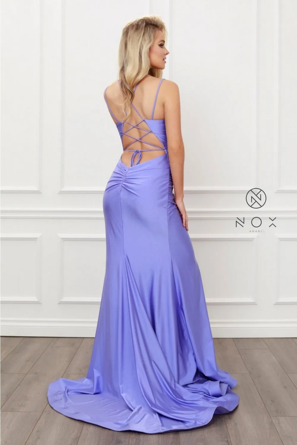 N T481 - Scoop Neck Fit & Flare Prom Gown High Leg Slit & Strappy Open Corset Back