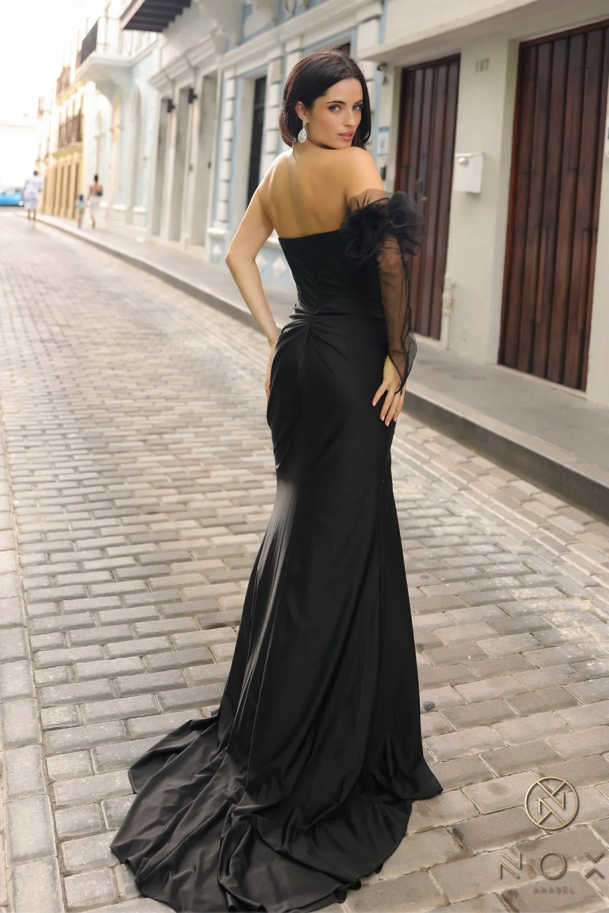 N Y1473 - One Shoulder Hot Stone Embellished Fit & Flare Prom Gown With Ruched Waist