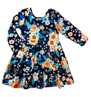 Navy & Peach Floral Long Sleeved Dress