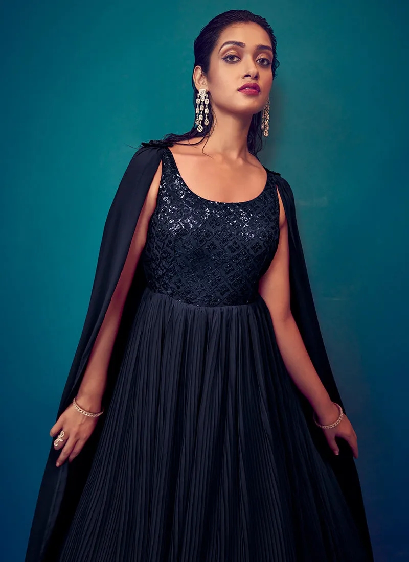Navy Blue Sequence Embroidery Cape Style Designer Gown