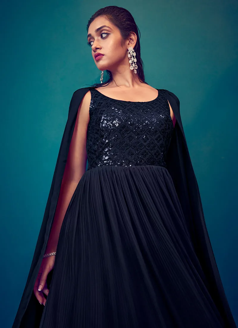 Navy Blue Sequence Embroidery Cape Style Designer Gown