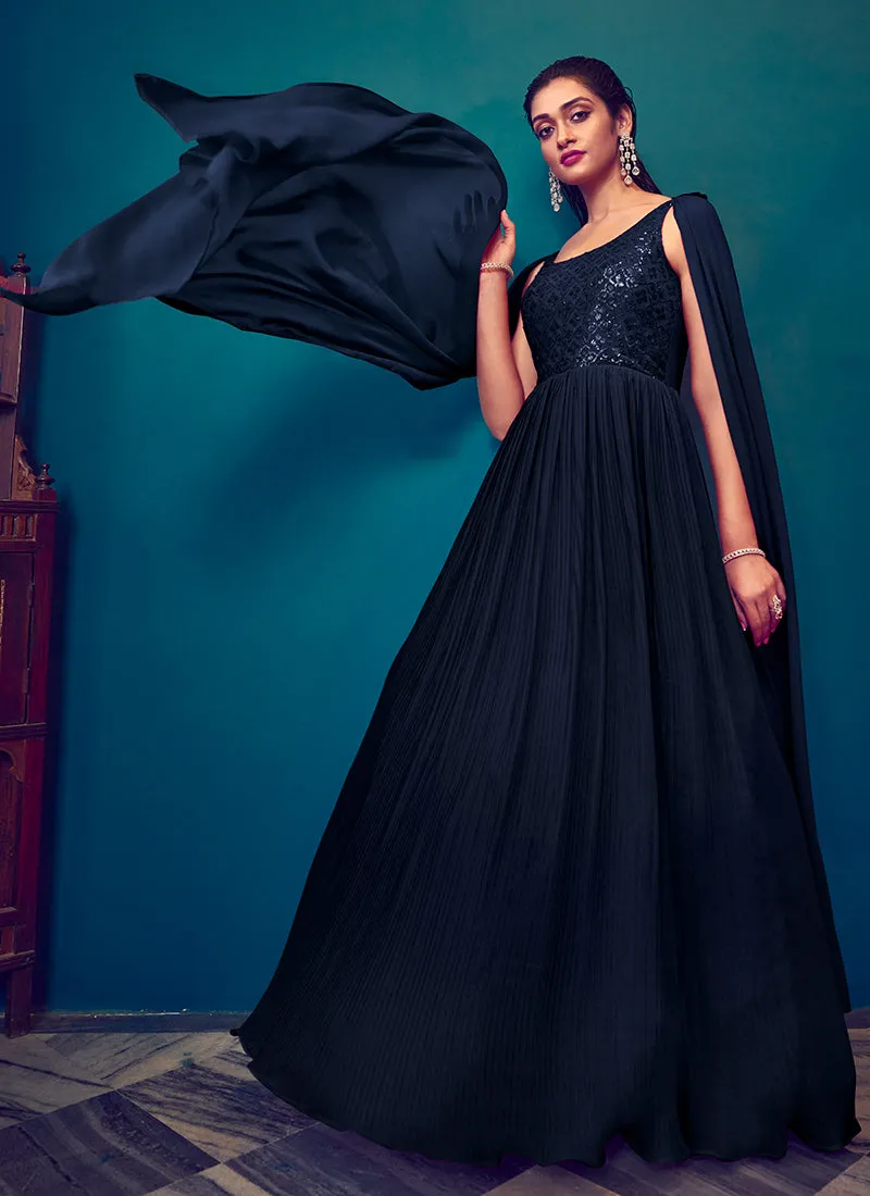 Navy Blue Sequence Embroidery Cape Style Designer Gown