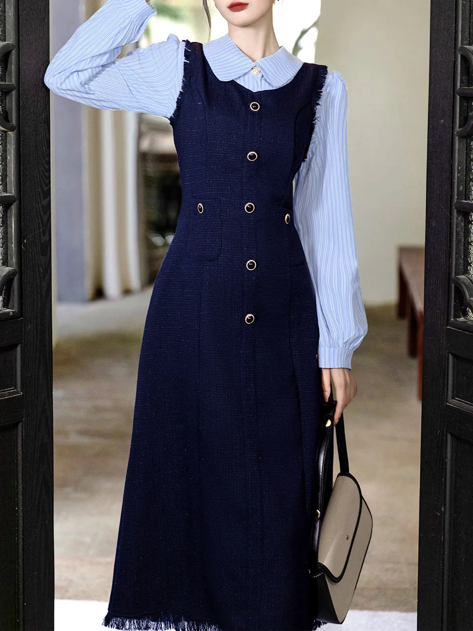 Navy Fake Two Piece Shirt Lapel 1940s Vintage Dress