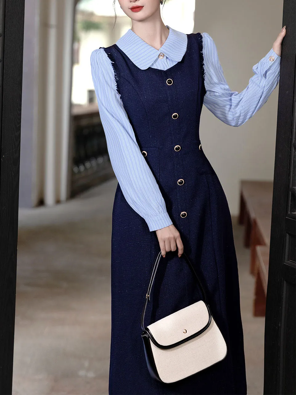 Navy Fake Two Piece Shirt Lapel 1940s Vintage Dress