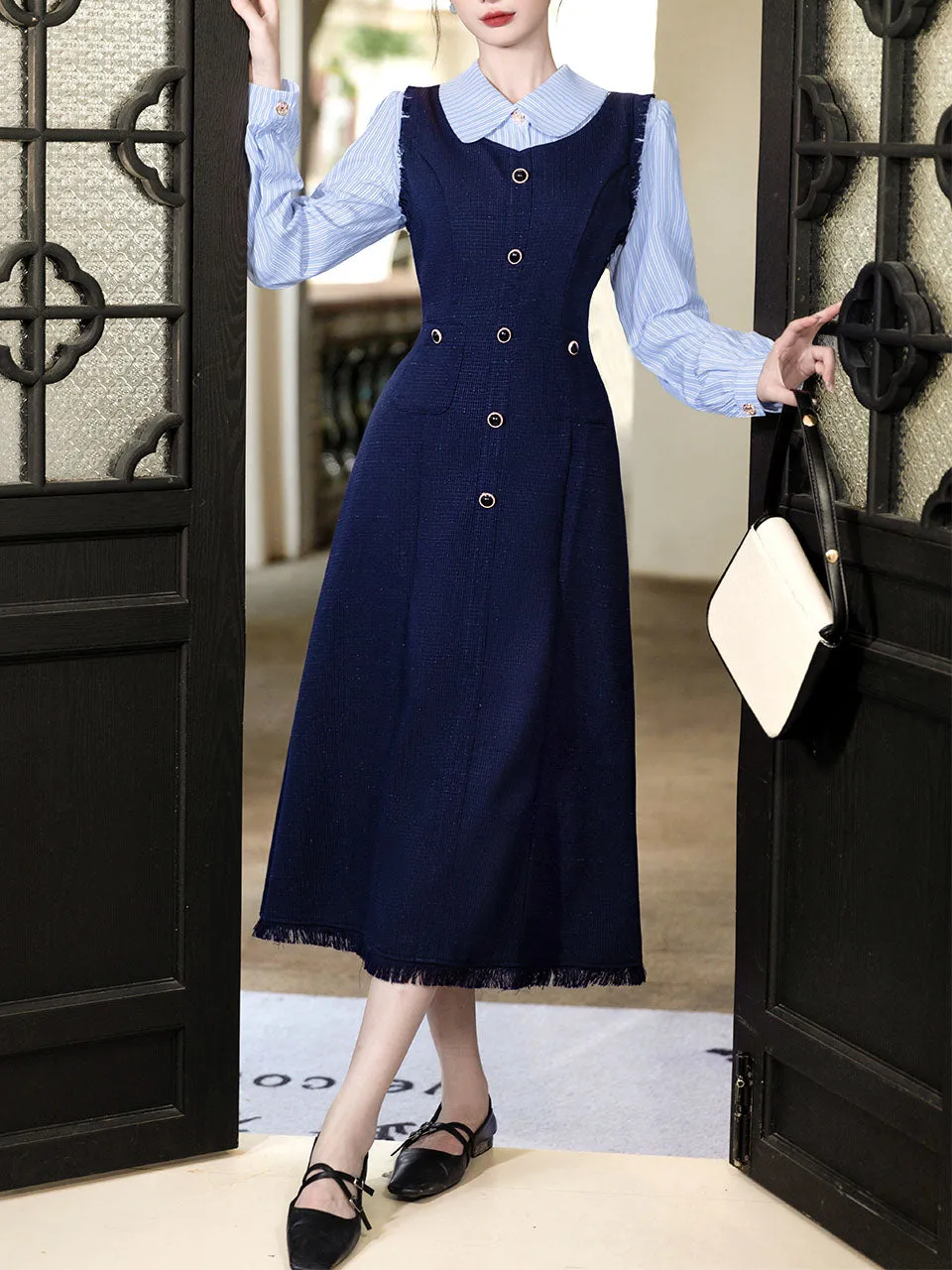 Navy Fake Two Piece Shirt Lapel 1940s Vintage Dress
