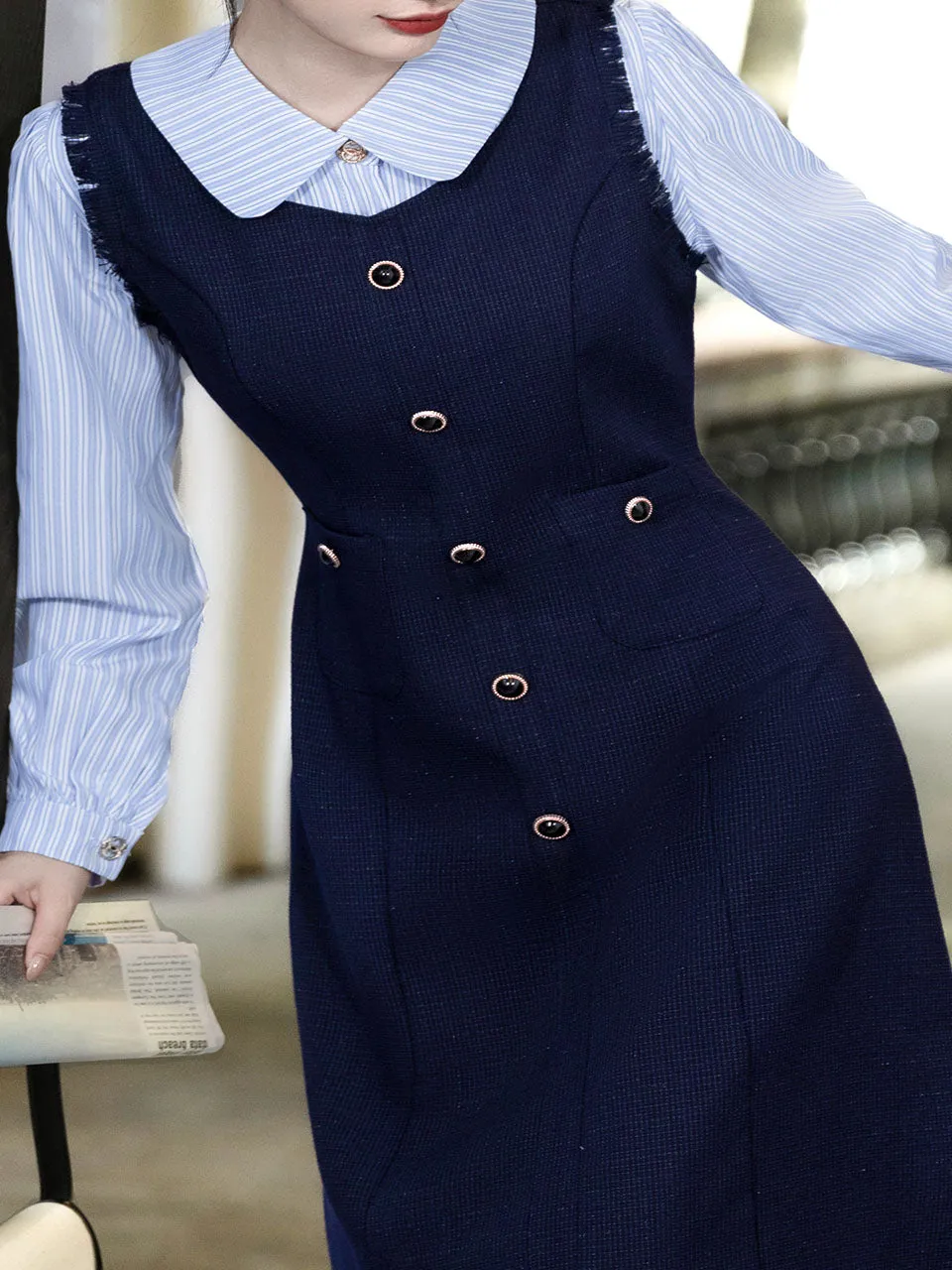 Navy Fake Two Piece Shirt Lapel 1940s Vintage Dress